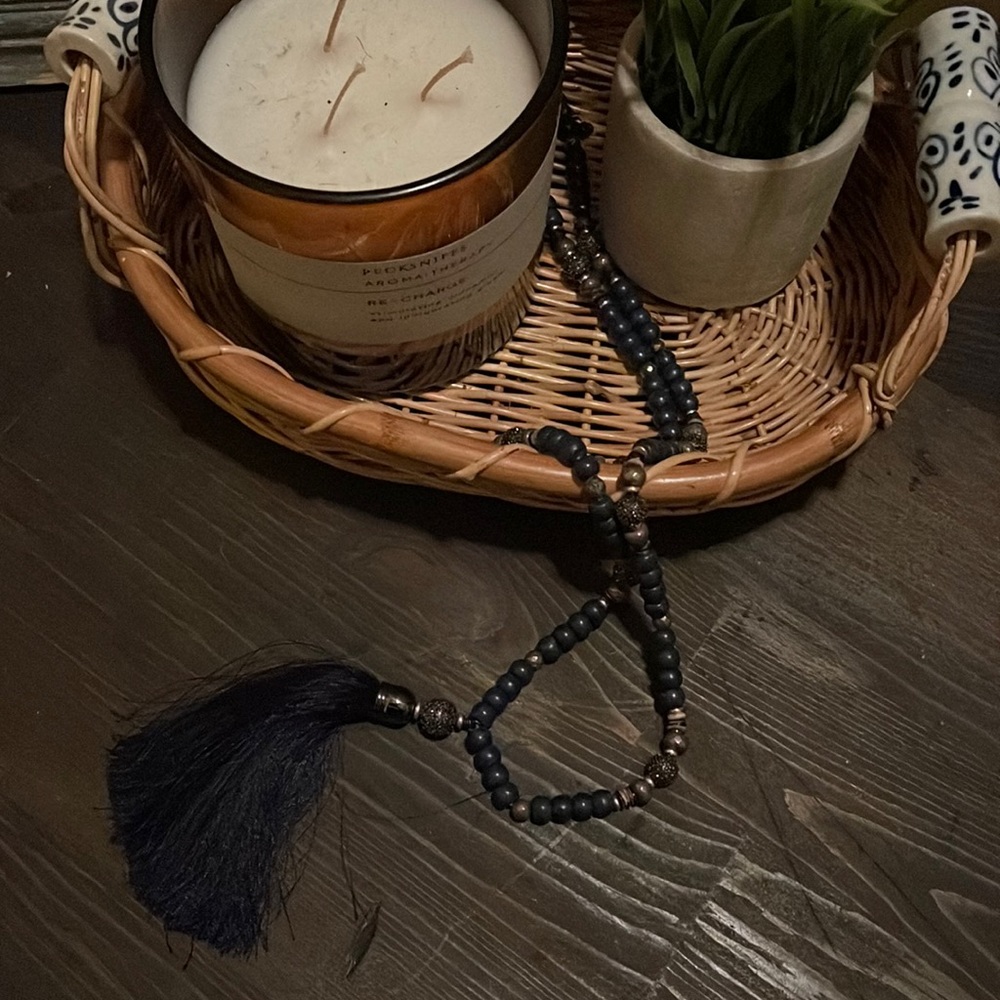 Long Stella and Dot navy blue beaded necklace with tassel